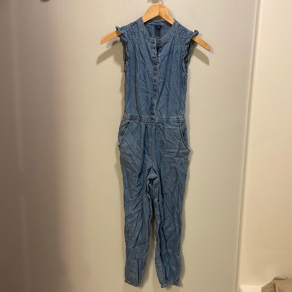 GAP kids ruffle denim jumpsuit.